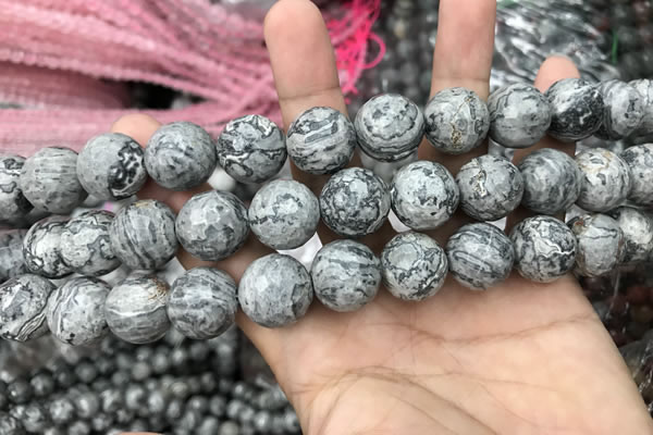 CPJ646 15.5 inches 16mm faceted round grey picture jasper beads