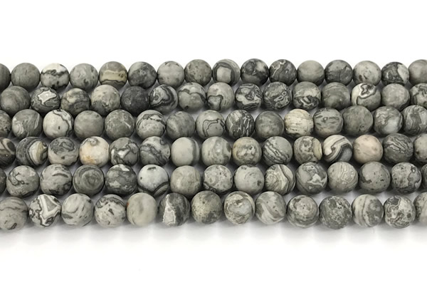 CPJ742 15 inches 8mm round matte grey picture jasper beads