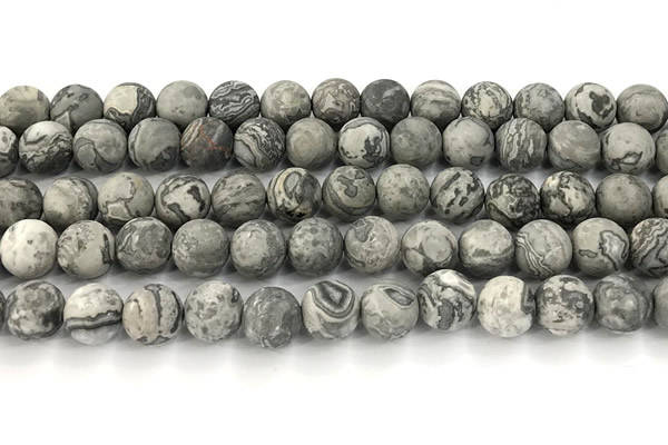 CPJ744 15 inches 12mm round matte grey picture jasper beads