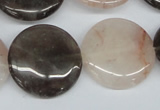 CPQ103 25mm flat round natural pink crystal & smoky quartz beads