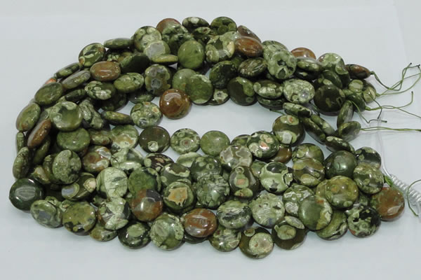 CPS37 15.5 inches 16mm flat round green peacock stone beads