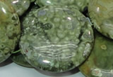 CPS41 15.5 inches 40mm flat round green peacock stone beads