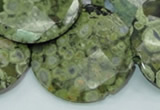 CPS88 15.5 inches 40mm faceted flat round green peacock stone beads