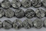 CPT140 15.5 inches 12mm faceted coin grey picture jasper beads