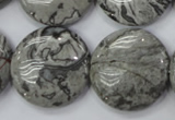 CPT168 15.5 inches 25mm flat round grey picture jasper beads