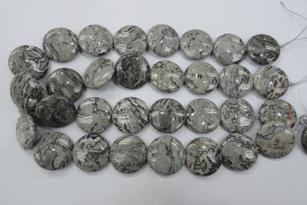 CPT168 15.5 inches 25mm flat round grey picture jasper beads