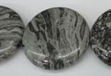 CPT361 15.5 inches 30mm flat round grey picture jasper beads