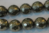 CPY111 15.5 inches 16mm faceted round pyrite gemstone beads wholesale