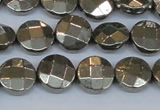 CPY627 15.5 inches 12mm faceted coin pyrite gemstone beads