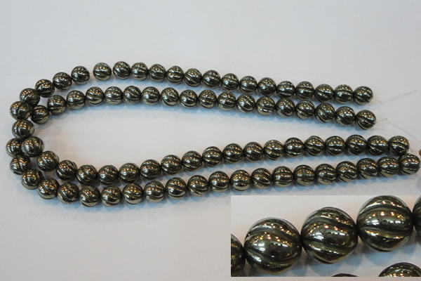 CPY75 15.5 inches 10mm carved round pyrite gemstone beads wholesale