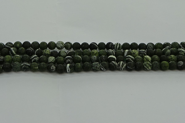 CRO1121 15.5 inches 6mm round matte green silver line jasper beads