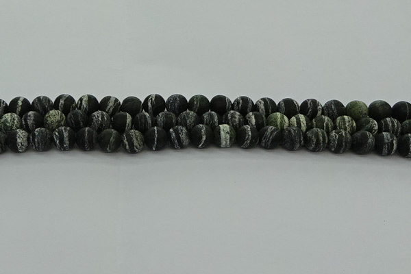 CRO1122 15.5 inches 8mm round matte green silver line jasper beads