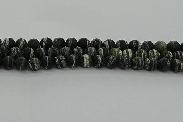 CRO1124 15.5 inches 12mm round matte green silver line jasper beads