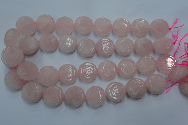 CRQ667 15.5 inches 20mm carved coin rose quartz beads