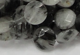 CRU04 15.5 inches 15mm faceted flat round black rutilated quartz beads