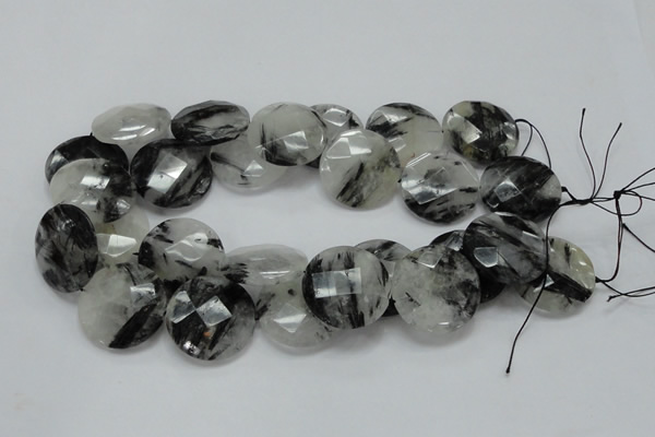 CRU06 15.5 inches 30mm faceted flat round black rutilated quartz beads