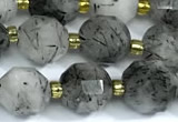 CRU1050 15 inches 9mm - 10mm faceted black rutilated quartz beads