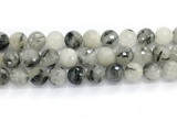 CRU1095 15.5 inches 14mm faceted round black rutilated quartz gemstone beads