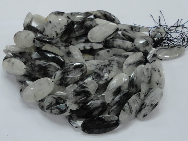 CRU20 15.5 inches 20*40mm faceted oval black rutilated quartz beads