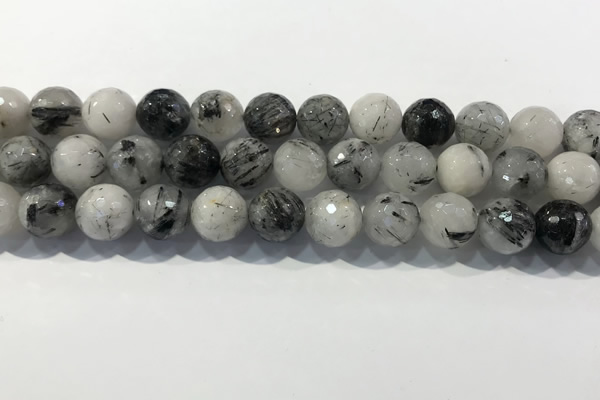 CRU935 15.5 inches 13mm faceted round black rutilated quartz beads