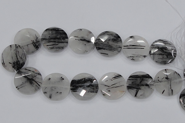 CRU95 15.5 inches 30mm faceted coin black rutilated quartz beads