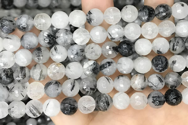 CRU958 15.5 inches 8mm faceted round black rutilated quartz beads