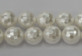 CSB454 15.5 inches 14mm faceted round shell pearl beads