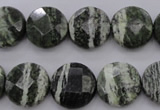 CSJ120 15.5 inches 15mm faceted coin green silver line jasper beads