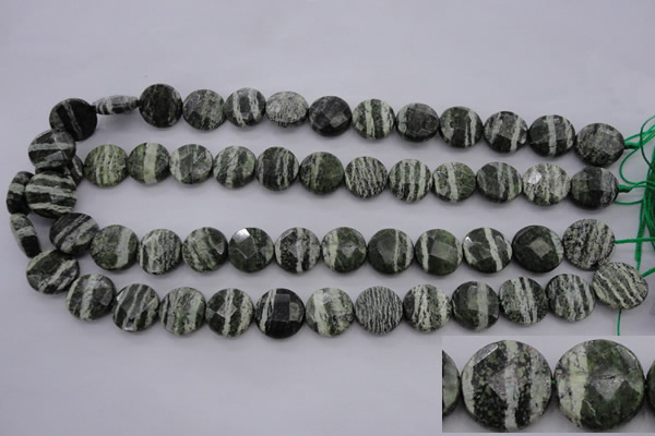 CSJ120 15.5 inches 15mm faceted coin green silver line jasper beads