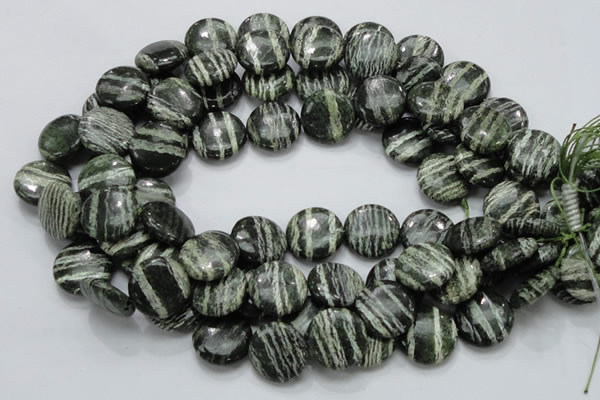 CSJ44 15.5 inches 20mm flat round green silver line jasper beads