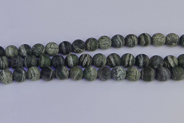 CSJ505 15.5 inches 14mm round matte green silver line jasper beads