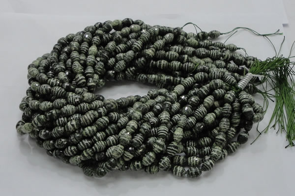 CSJ70 15.5 inches 7*11mm faceted rice green silver line jasper beads