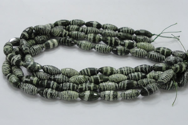 CSJ72 15.5 inches 10*20mm faceted rice green silver line jasper beads