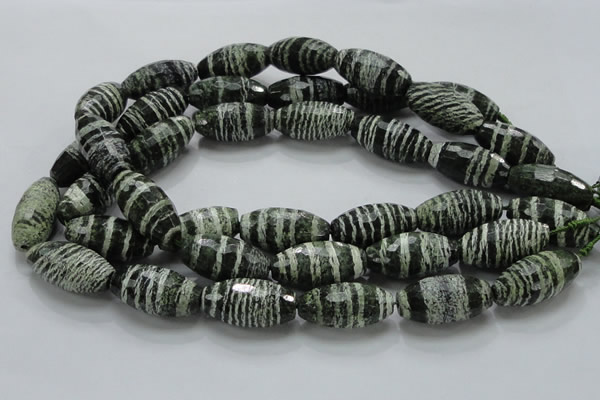 CSJ75 15.5 inches 15*30mm faceted rice green silver line jasper beads