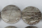 CSL35 15.5 inches 30mm flat round silver leaf jasper beads wholesale