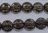 CSQ124 12mm faceted flat round grade AA natural smoky quartz beads