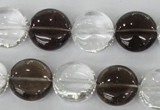 CSQ151 15.5 inches 15mm flat round white crystal & smoky quartz beads