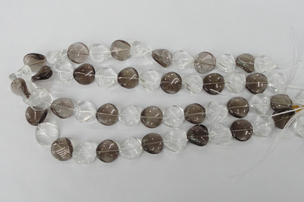 CSQ153 15.5 inches 16mm twisted coin white crystal & smoky quartz beads