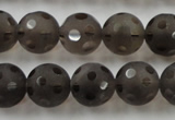 CSQ254 15.5 inches 14mm carved round matte smoky quartz beads