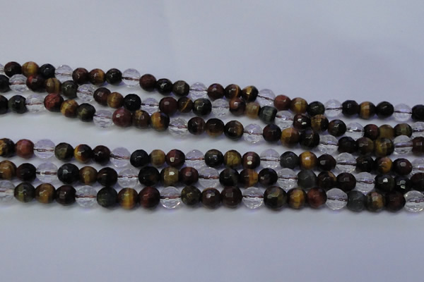 CTE1131 15 inches 6mm faceted round mixed tiger eye & white crystal beads