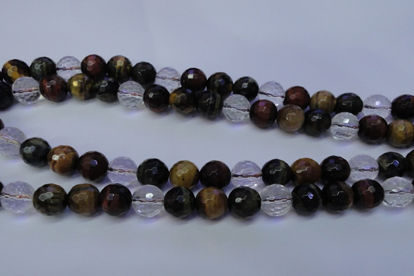 CTE1133 15 inches 10mm faceted round mixed tiger eye & white crystal beads