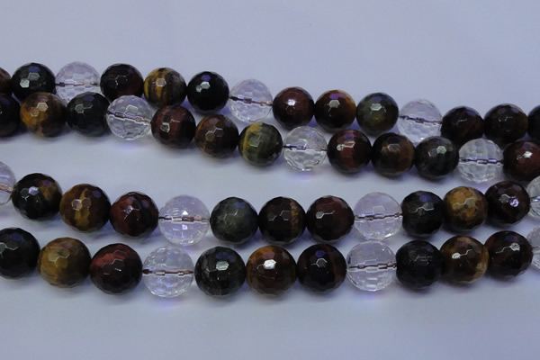 CTE1134 15 inches 12mm faceted round mixed tiger eye & white crystal beads