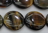 CTE1351 15.5 inches 25mm flat round yellow & blue tiger eye beads