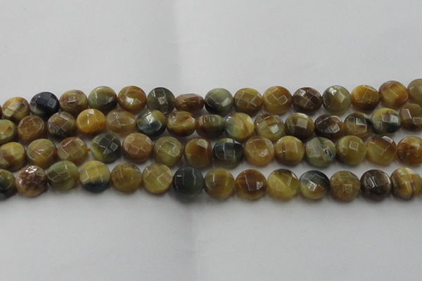 CTE1574 15.5 inches 12mm faceted coin golden & blue tiger eye beads