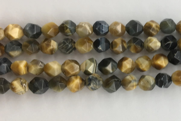 CTE2128 15.5 inches 12mm faceted nuggets golden & blue tiger eye beads