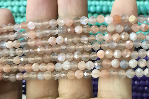 CTG1207 15.5 inches 4mm faceted round tiny rainbow moonstone beads