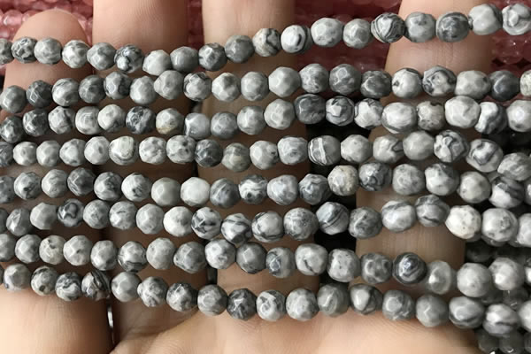 CTG3559 15.5 inches 4mm faceted round grey picture jasper beads