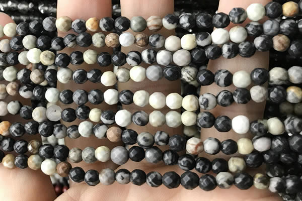 CTG3563 15.5 inches 4mm faceted round black picasso jasper beads