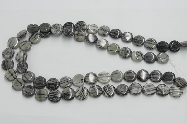 CTJ07 16 inches 14mm flat round black water jasper beads wholesale