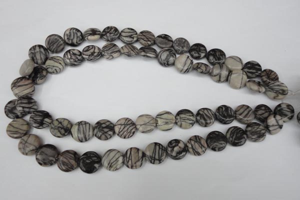 CTJ205 15.5 inches 13mm flat round black water jasper beads wholesale